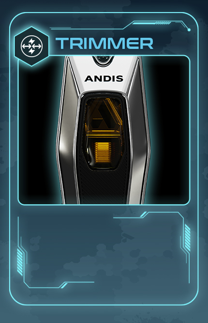 Recon trimmer closeup of silver case with transparent cover above Andis logo.